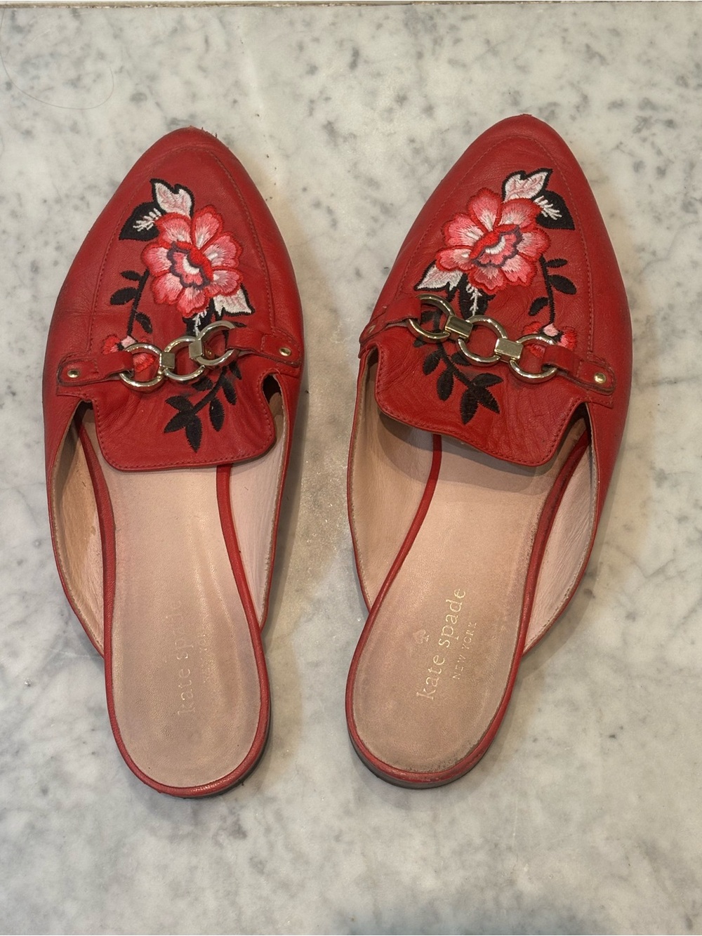 Kate Spade Red Floral Embroidered Leather Mules 9